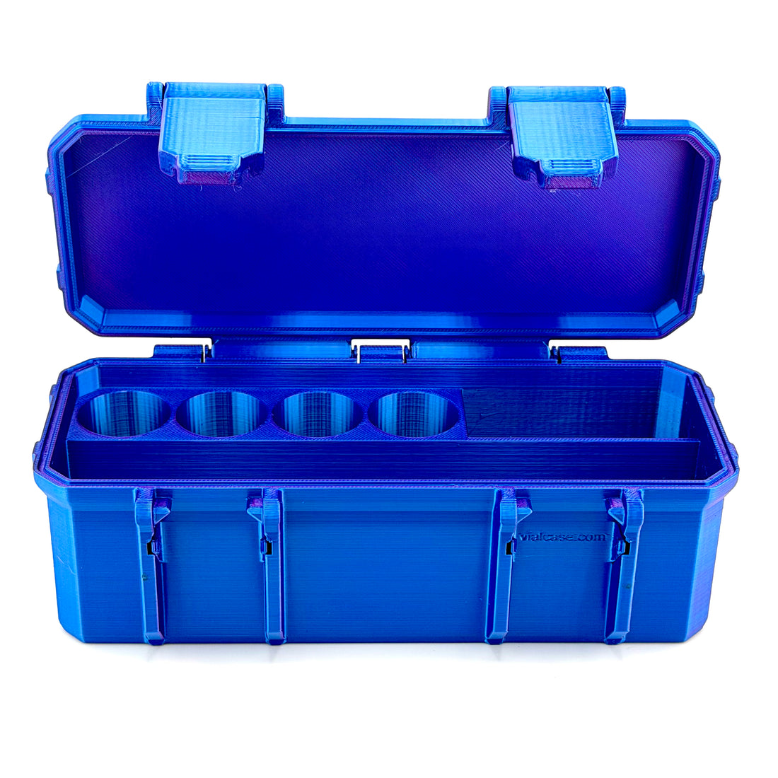Open blue hard-shell case with four round vial slots and side storage compartments shown from the front.