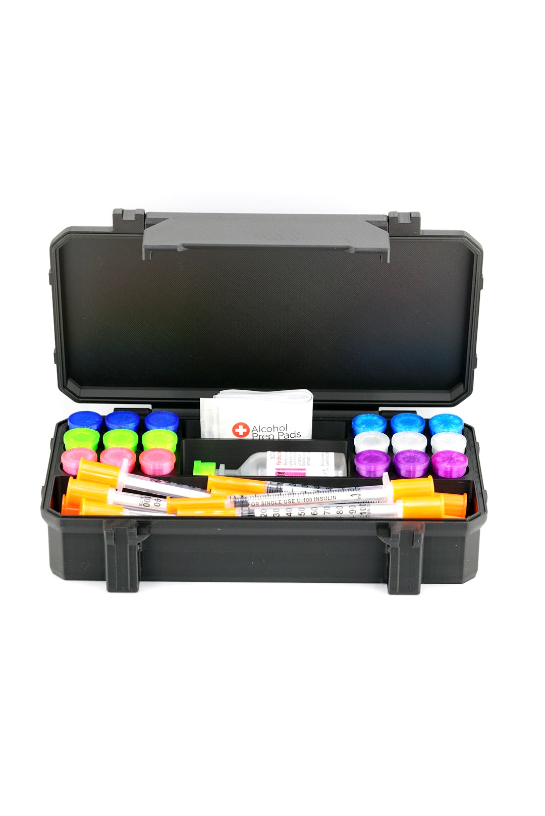 Rugged 18-Slot 3 mL Vial Case + BAC Slot + Syringe; Pad Storage showing precision-cut upright slots inside the case