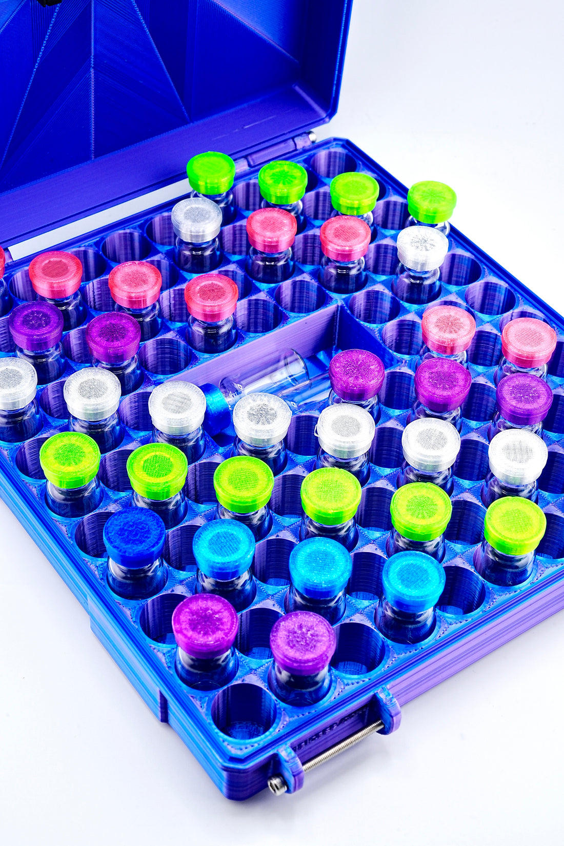 TempView 104-slot 3 mL bulk vial case open showing precision-cut upright slots