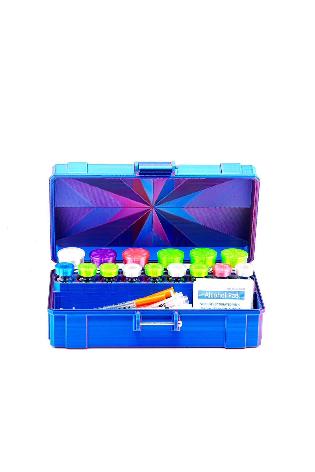 Open vial storage case holding vials and accessories