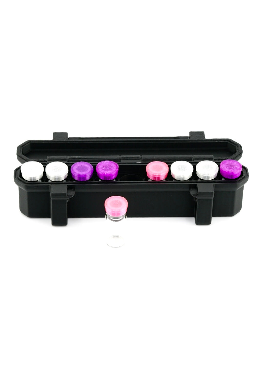 10-slot 3 ml vial organizer, in-use scene with vials loaded into slots