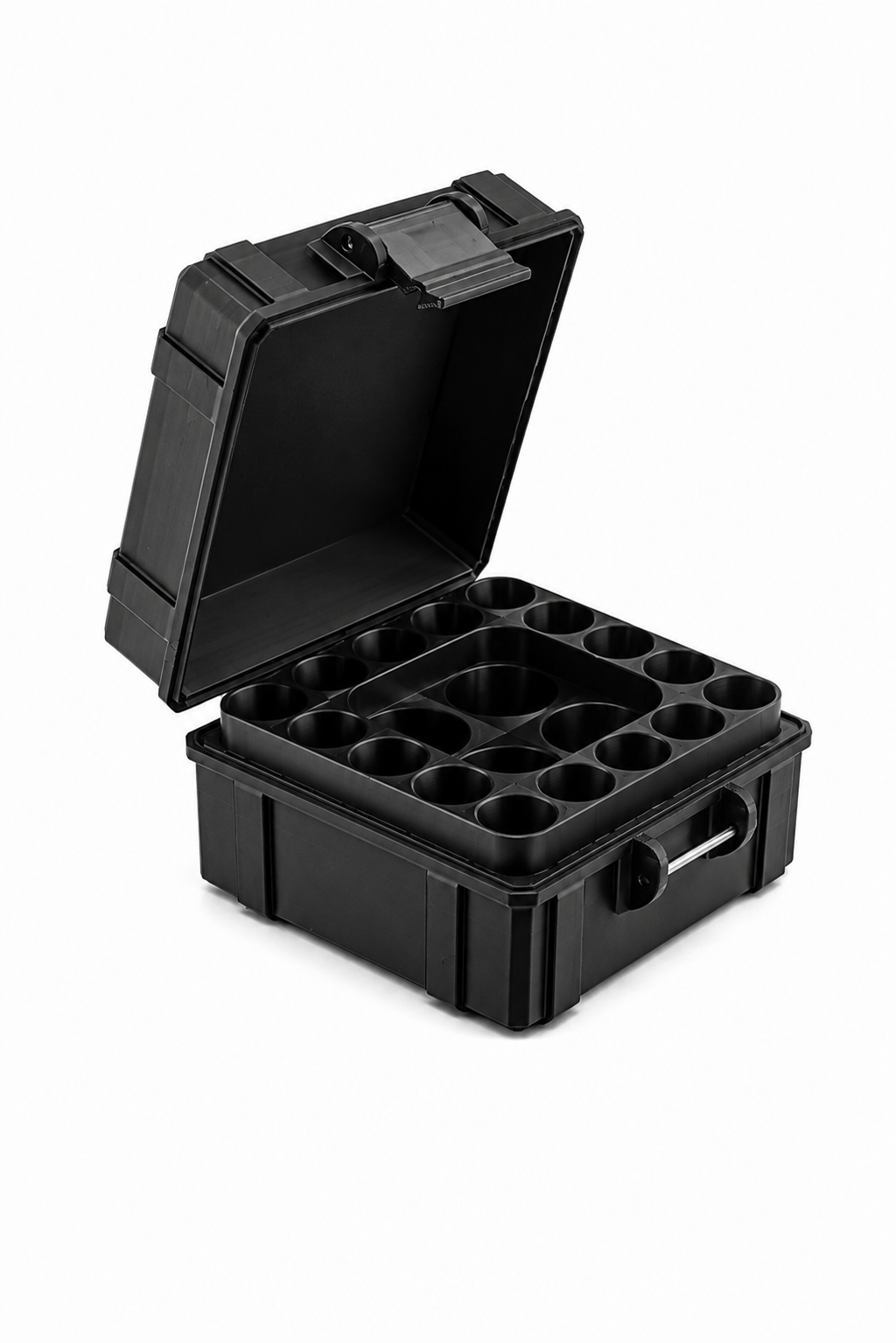Black plastic case with compartments on a white background