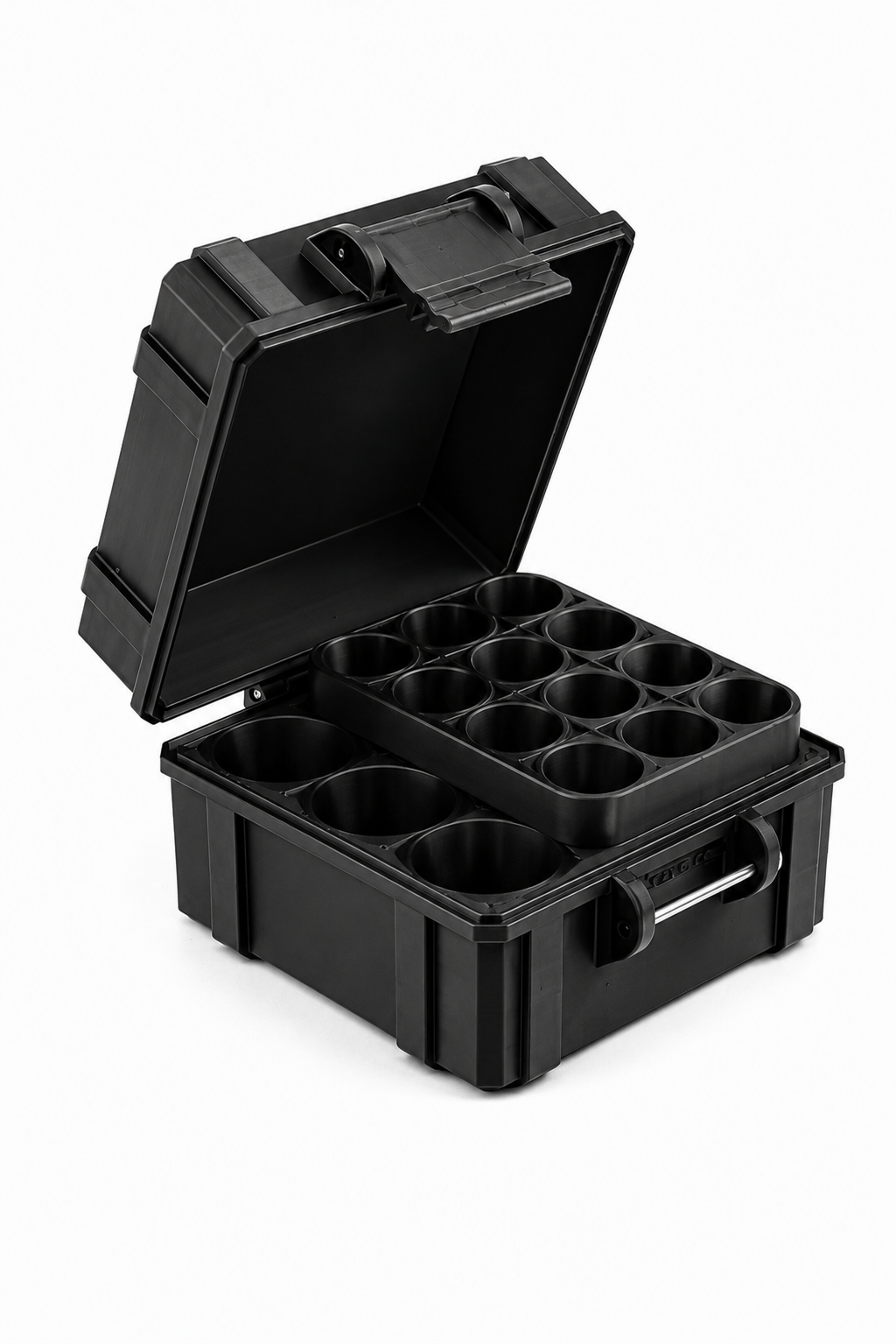 Black tool case with multiple compartments on a white background