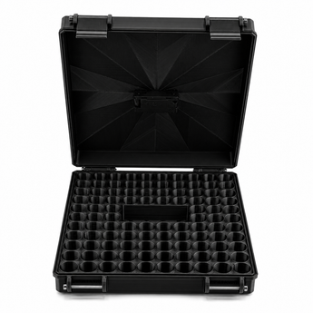 Black plastic case with compartments on a white background