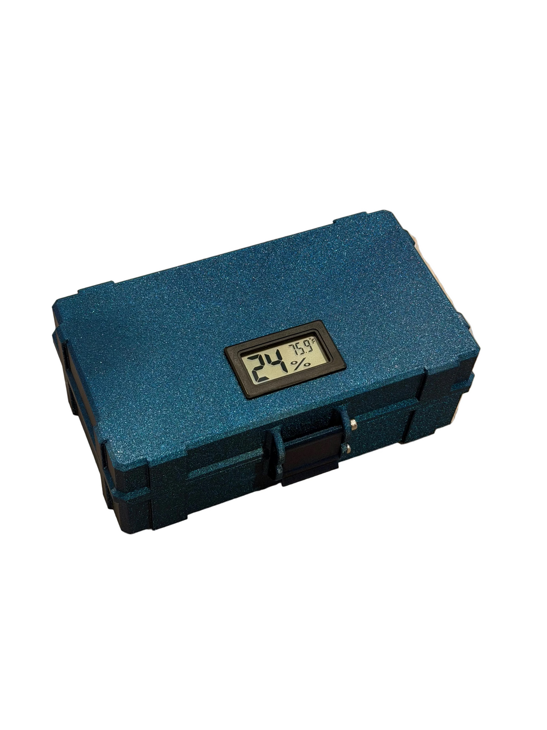 Galaxy Blue TempView mixed vial case closed, showing the built-in digital temperature and humidity display