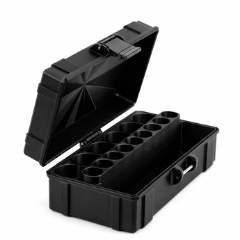 Open 10ml and 3ml black vial storage case with empty vial slots.