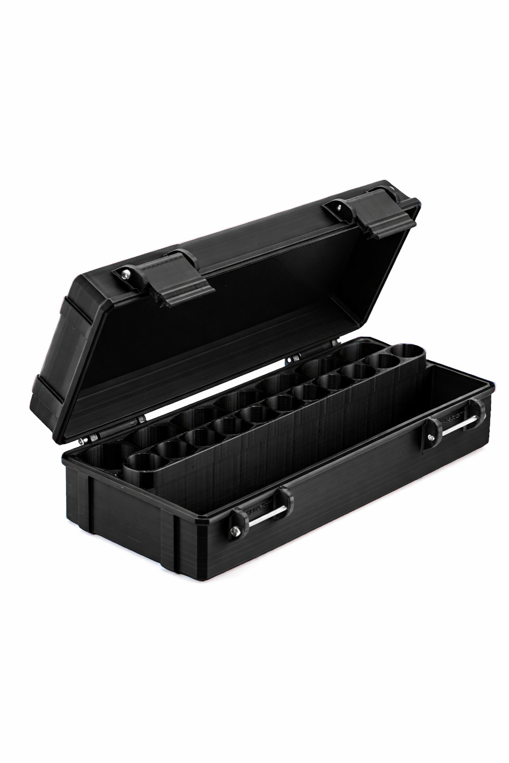Open black mixed vial storage case with empty vial slots