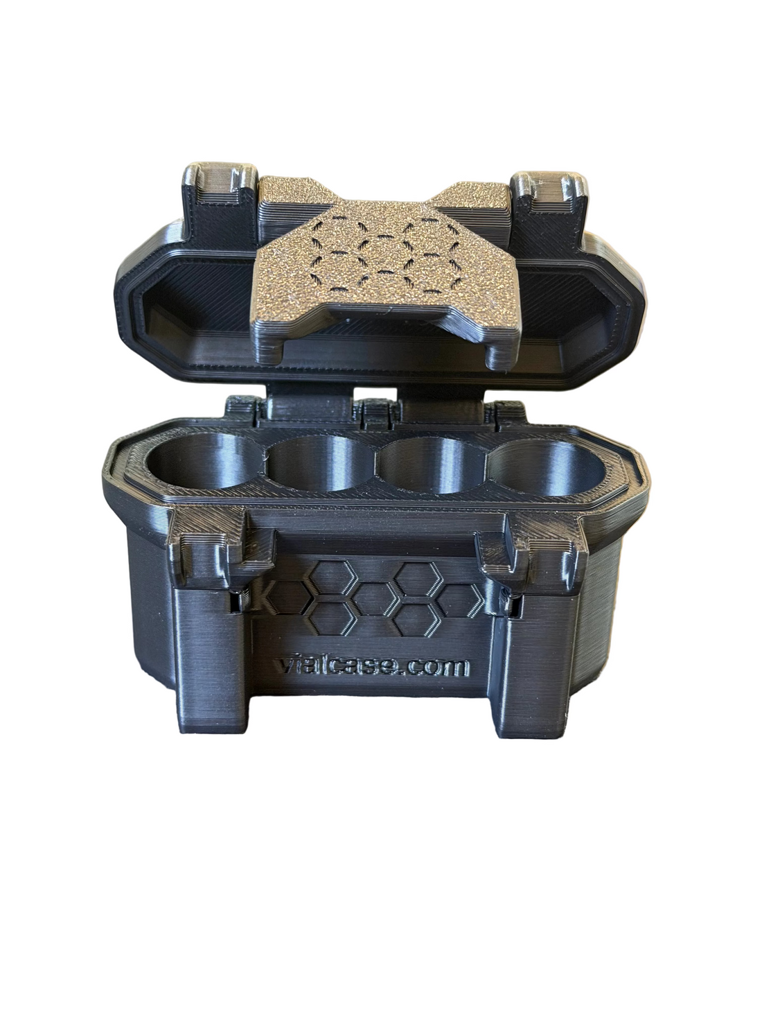 Open black 3D-printed case showing four round empty vial slots, hinged lid, and latch mechanism from a front view.