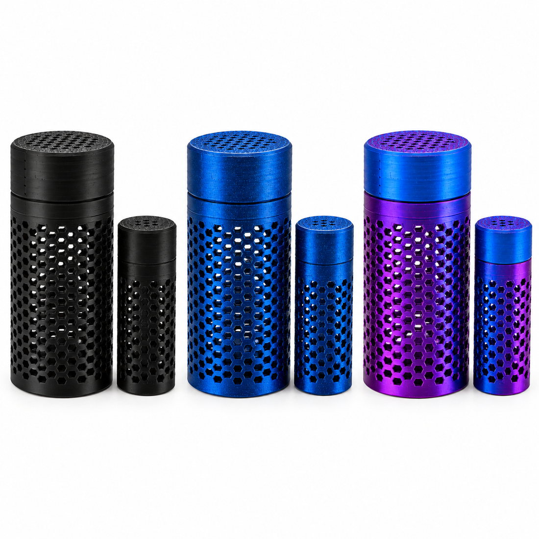Vial-shaped desiccant holders in Black, Galaxy Blue and RGB Metallic, 10 mL and 3 mL sizes