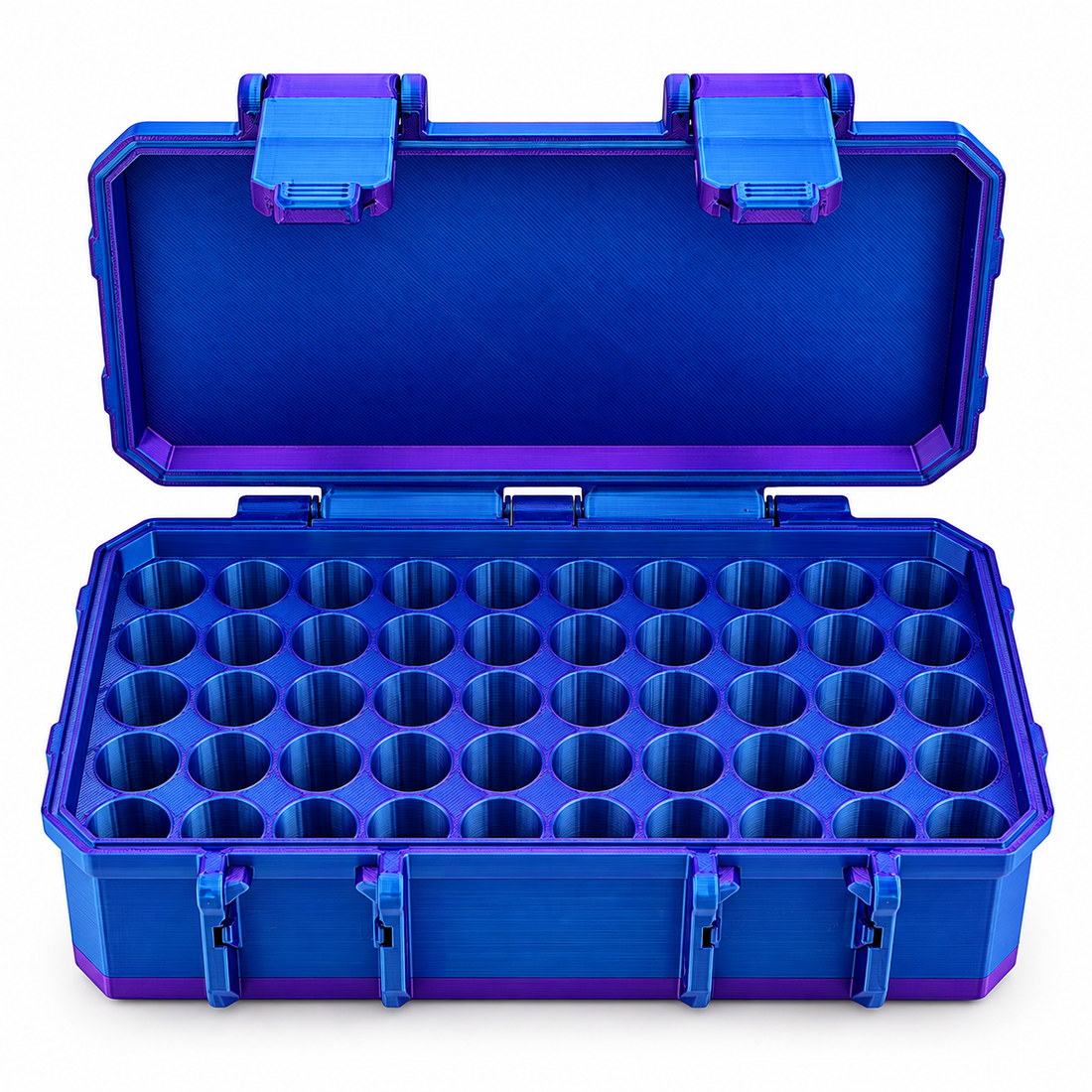 Open blue and purple 3D-printed hard-shell vial case with fifty circular storage slots, latches, and an open lid.