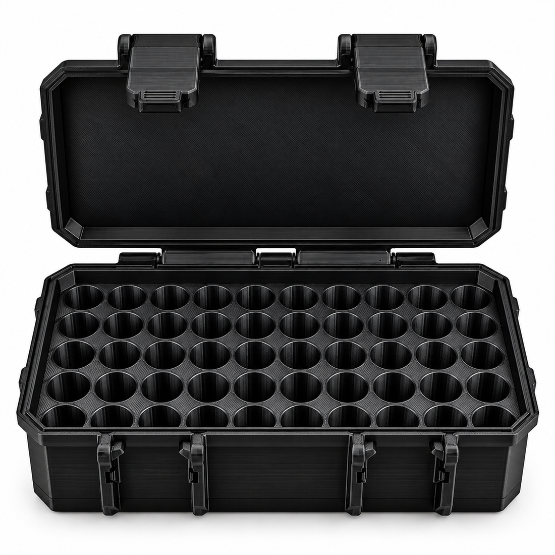 Open black hard-shell case with 50 empty circular slots for small vials, viewed from the front.