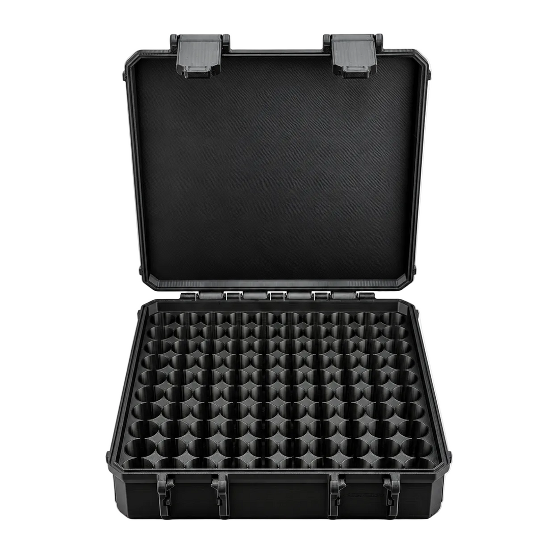 Open black hard-shell case with a grid of 100 round vial slots and an upright lid with latches.