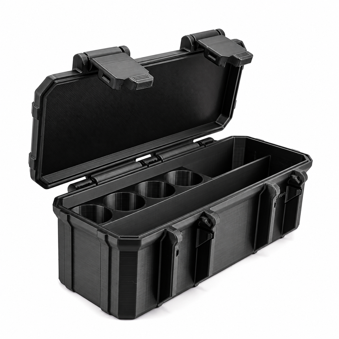 Open black hard-shell case showing four circular vial slots and an empty storage compartment.