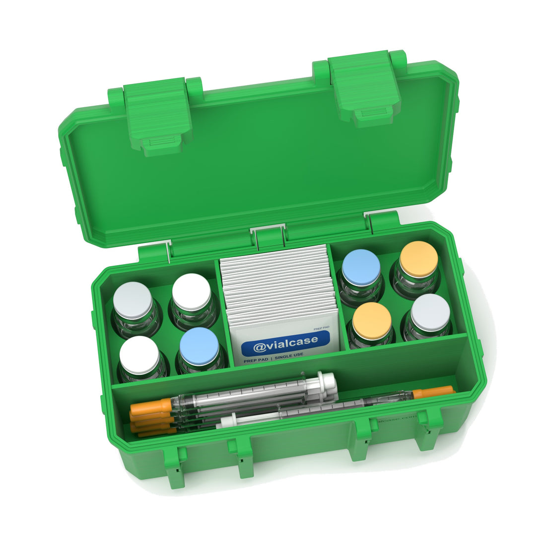 Staged: Insulin Vial Case 8 Vials in Cyber Green - vials, syringes and pads not included