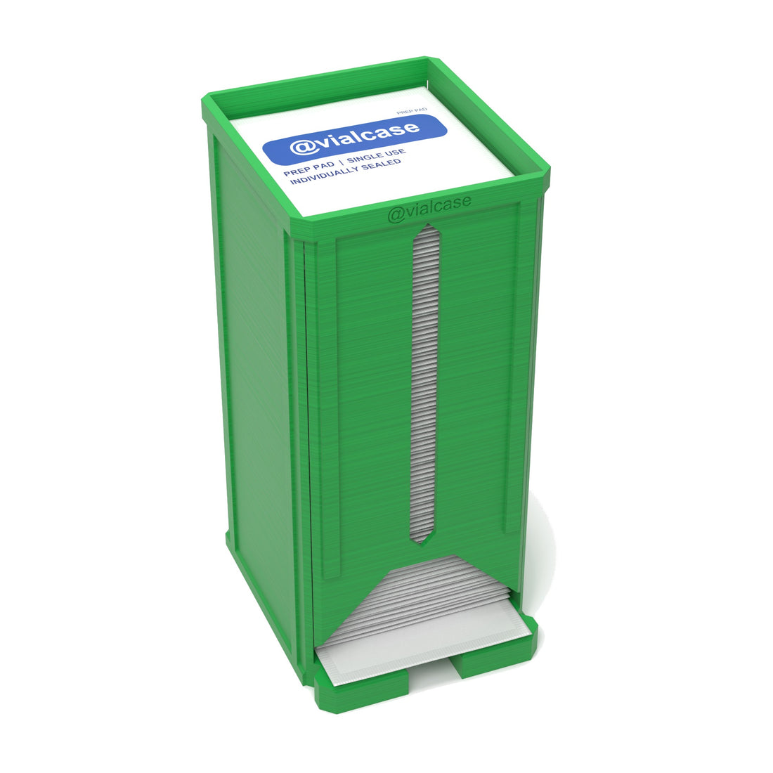 Staged: VialCase Prep Pad Dispenser 100 Large Pads in Cyber Green - prep pads shown are not included
