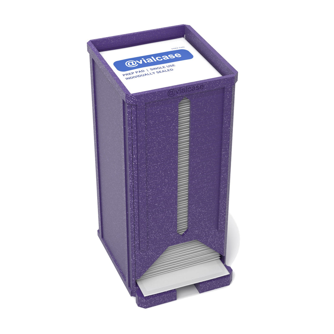 Staged: VialCase Prep Pad Dispenser 100 Large Pads in Galaxy Purple - prep pads shown are not included