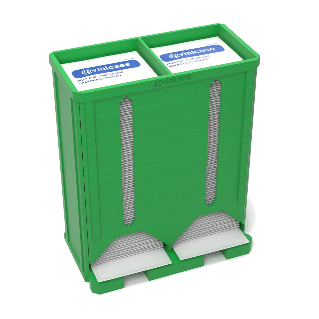 Staged: VialCase Prep Pad Dispenser 200 Pads Twin in Cyber Green - prep pads shown are not included