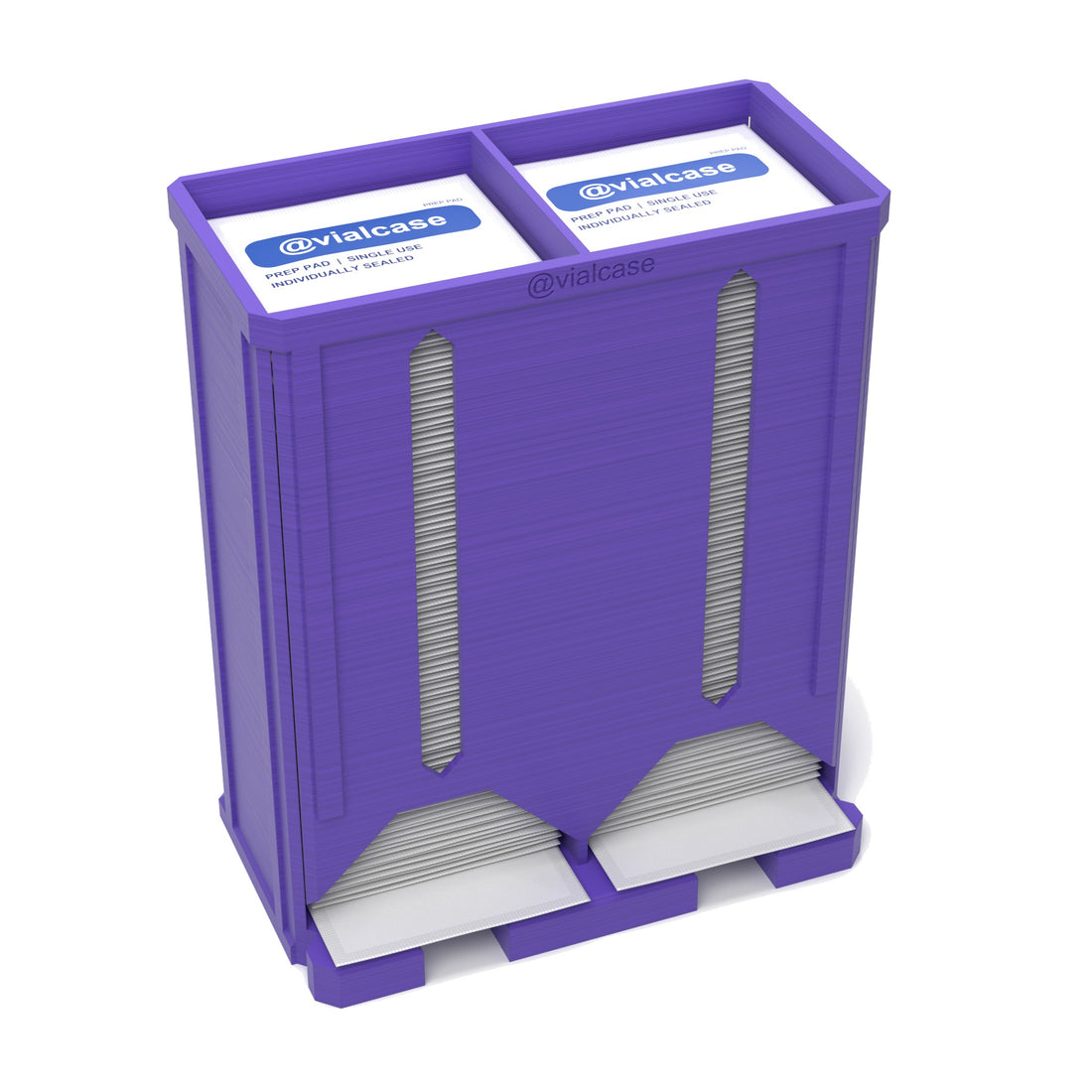 Staged: VialCase Prep Pad Dispenser 200 Pads Twin in Purple - prep pads shown are not included