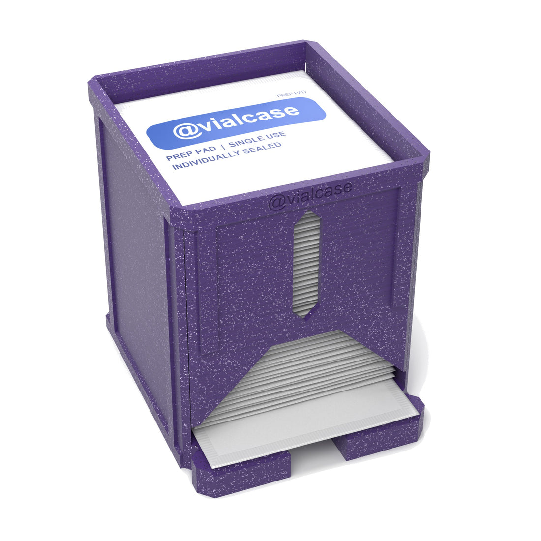 Staged: VialCase Prep Pad Dispenser 50 Large Pads in Galaxy Purple - prep pads shown are not included