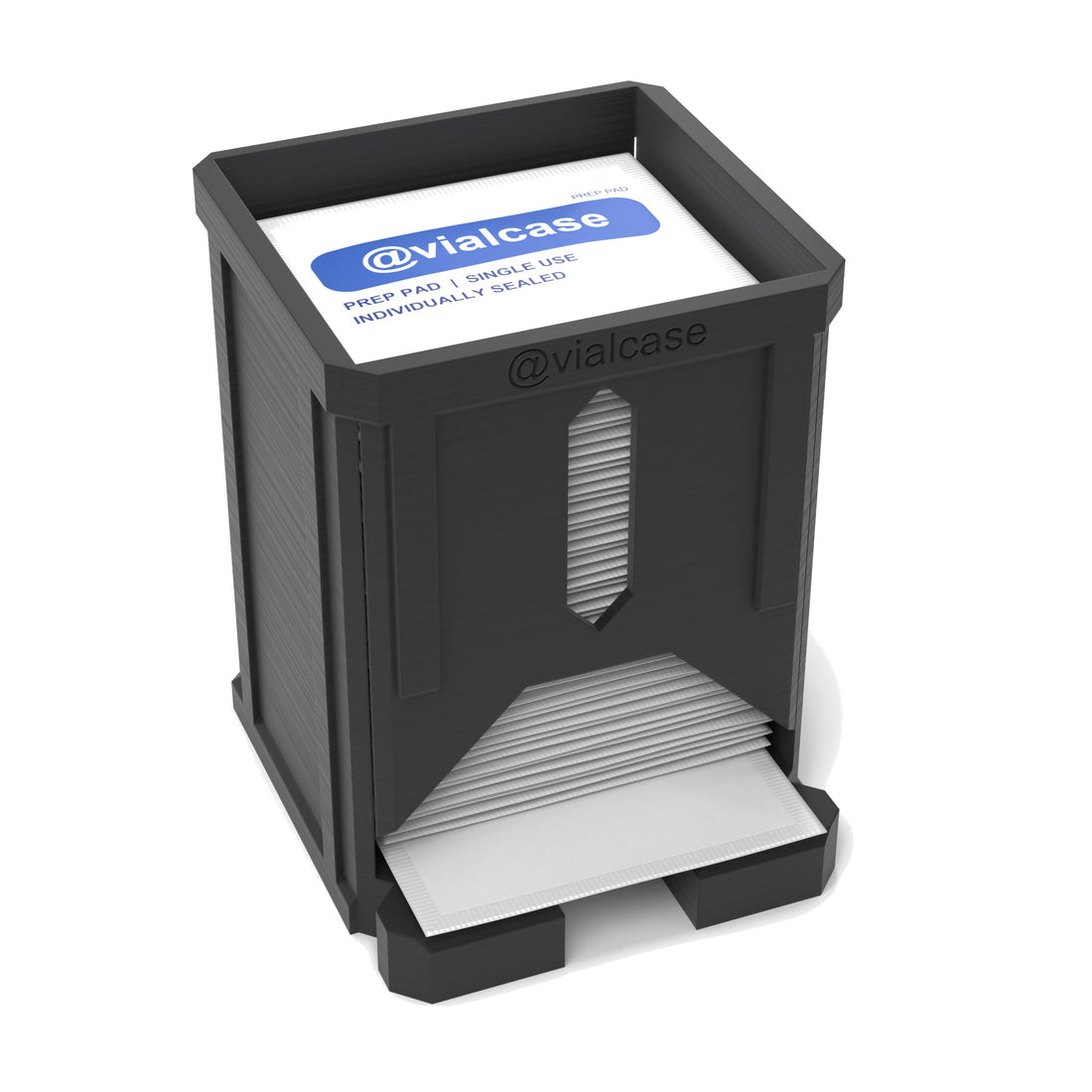 Staged: VialCase Prep Pad Dispenser 50 Pads in Black - prep pads shown are not included