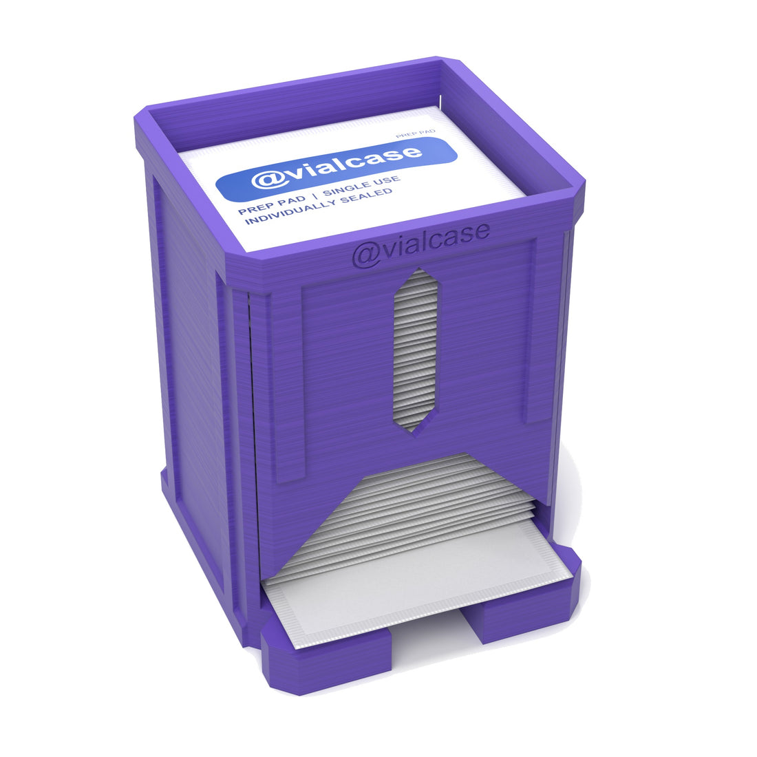 Staged: VialCase Prep Pad Dispenser 50 Pads in Purple - prep pads shown are not included