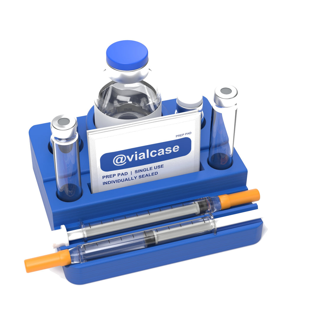 Staged: VialCase Reconstitution Station 2 x 3 mL in Cobalt Blue - items shown are not included