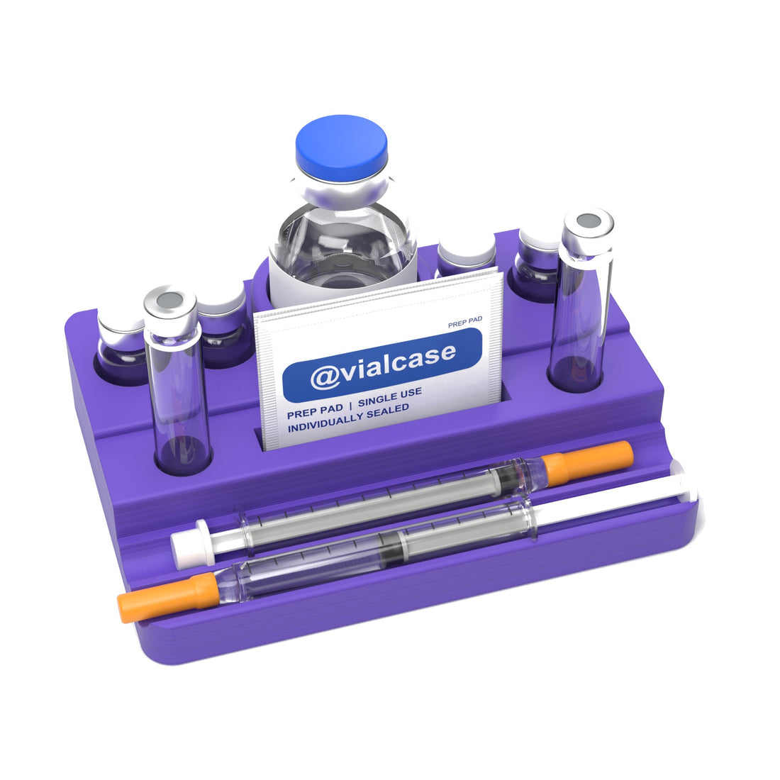 Staged: VialCase Reconstitution Station 4 x 3 mL in Purple - items shown are not included