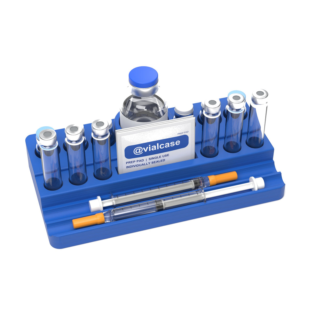 Staged: VialCase Reconstitution Station 6 x 3 mL in Cobalt Blue - items shown are not included