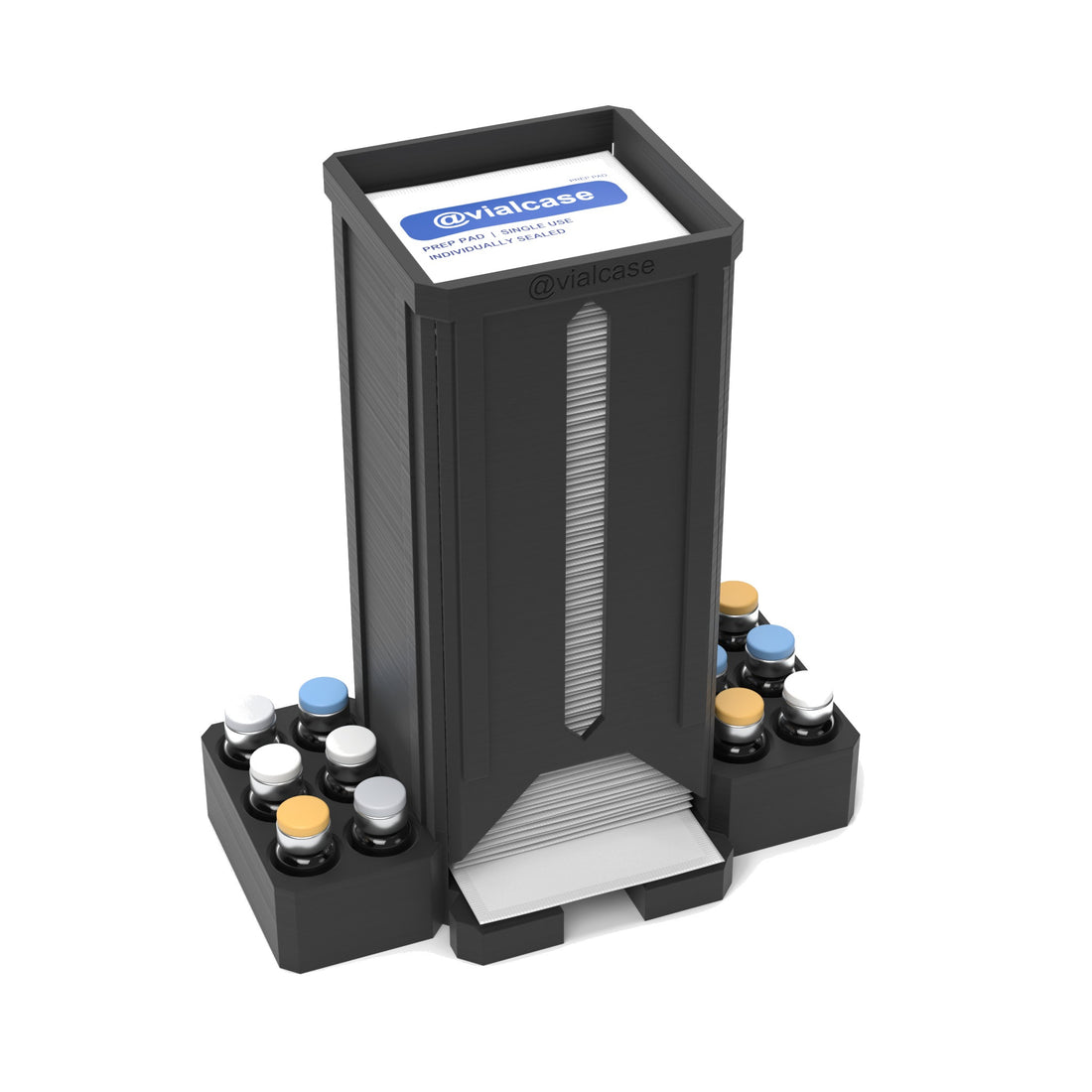 Staged: VialCase Prep Pad Dispenser 100 Pads + 12 × 3mL in Black - prep pads and vials shown are not included