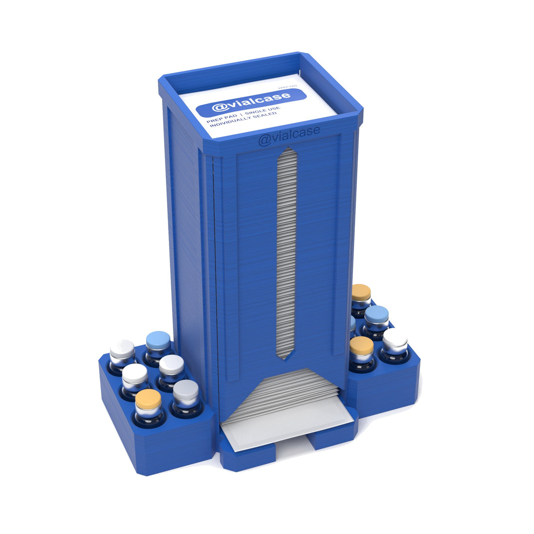 Staged: VialCase Prep Pad Dispenser 100 Pads + 12 × 3mL in Cobalt Blue - prep pads and vials shown are not included