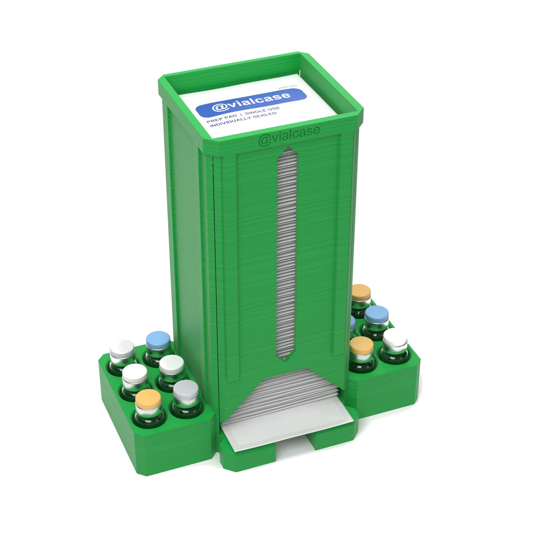 Staged: VialCase Prep Pad Dispenser 100 Pads + 12 × 3mL in Cyber Green - prep pads and vials shown are not included