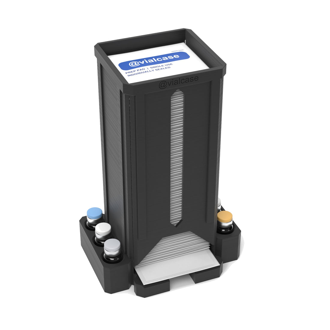 Staged: VialCase Prep Pad Dispenser 100 Pads + 6 × 3mL in Black - prep pads and vials shown are not included