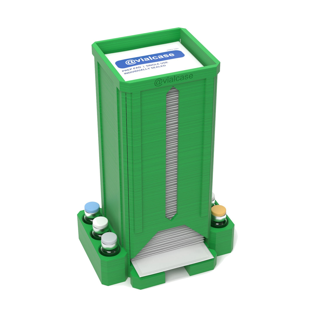 Staged: VialCase Prep Pad Dispenser 100 Pads + 6 × 3mL in Cyber Green - prep pads and vials shown are not included