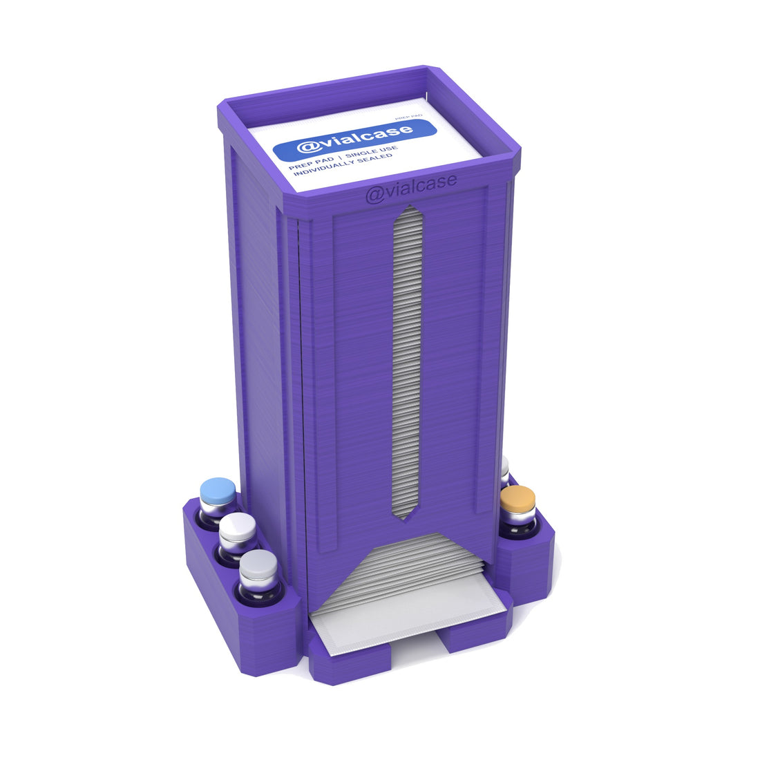 Staged: VialCase Prep Pad Dispenser 100 Pads + 6 × 3mL in Purple - prep pads and vials shown are not included