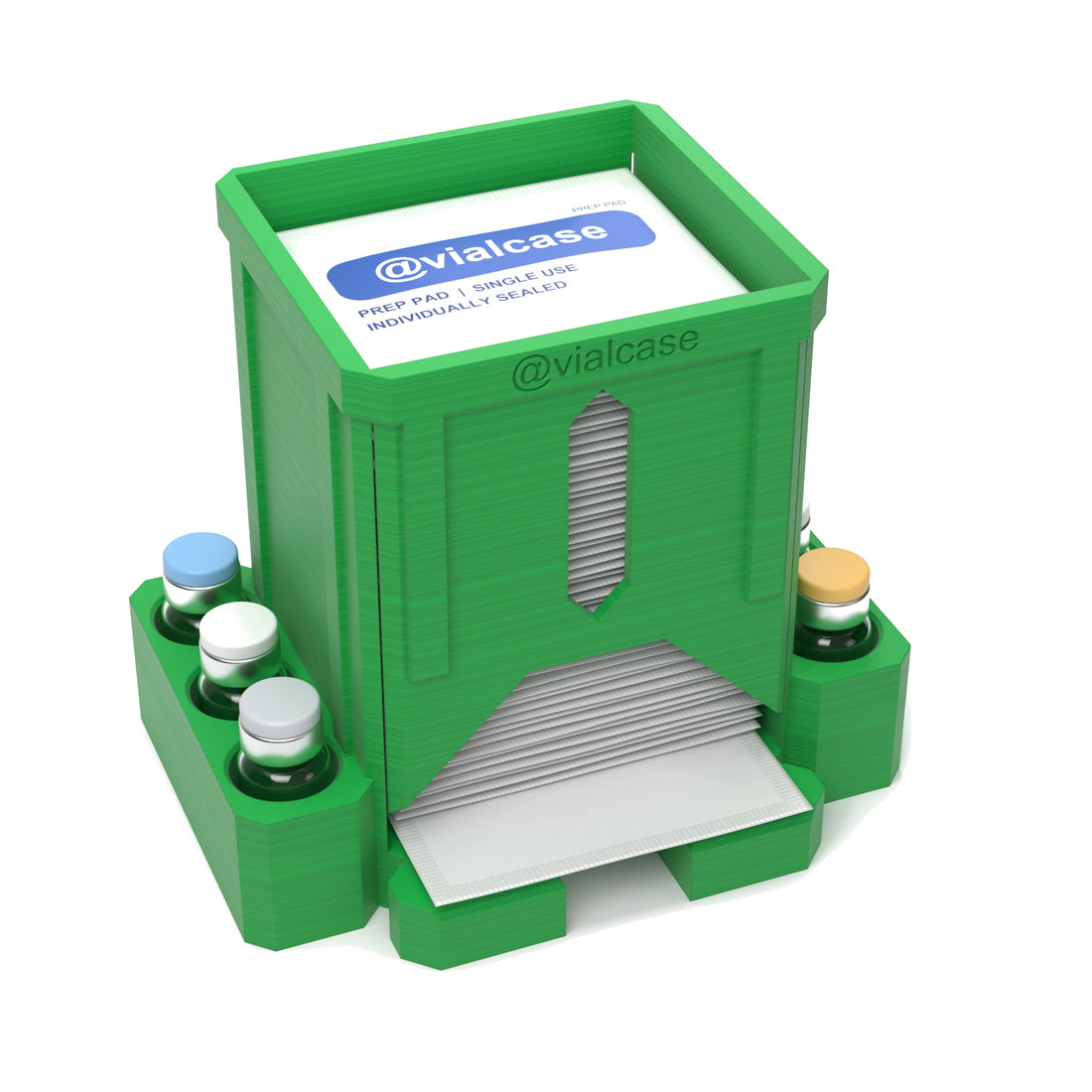 Staged: VialCase Prep Pad Dispenser 50 Pads + 6 × 3mL in Cyber Green - prep pads and vials shown are not included