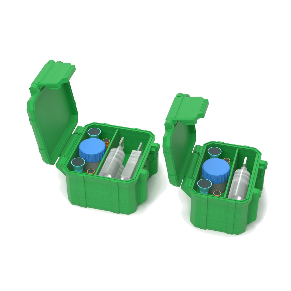 Staged: Scleral Travel Set - Travel Case + Tool Organizer in Cyber Green - lens cup, plungers, saline vials and bottles shown are not included