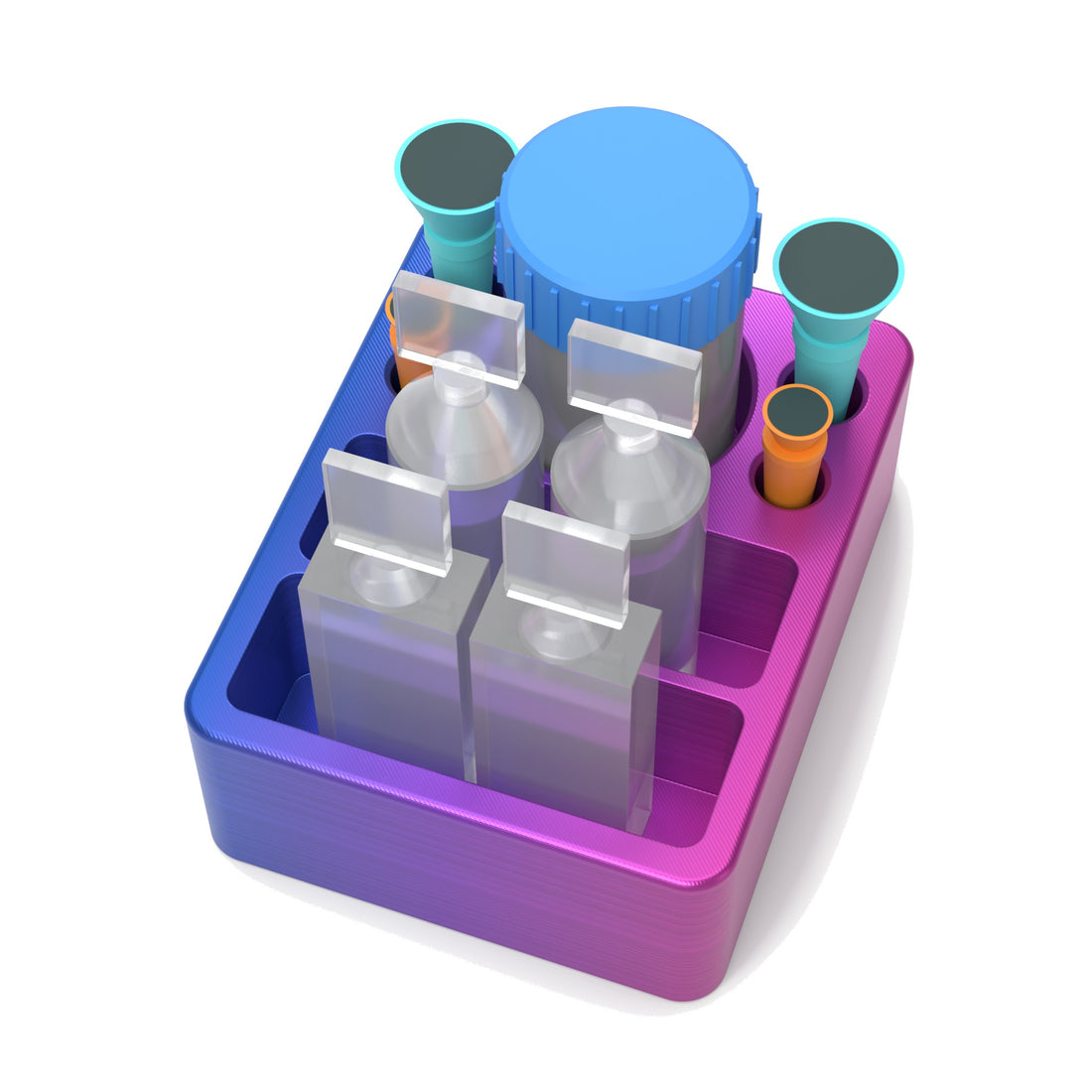 Staged: Scleral Lens Station - Small in RGB Metallic - lens cup, plungers, saline vials and bottles shown are not included