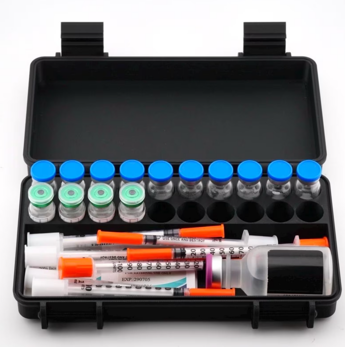 20-slot 3 ml vial organizer, close-up of latch and closure detail