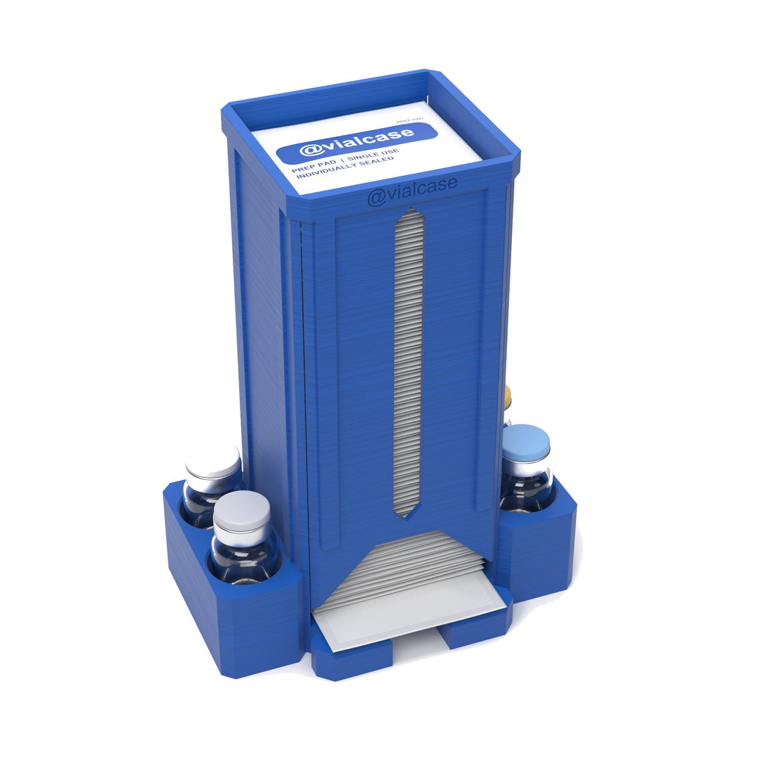 Staged: VialCase Prep Pad Dispenser 100 Pads + 4 × 10mL in Cobalt Blue - prep pads and vials shown are not included