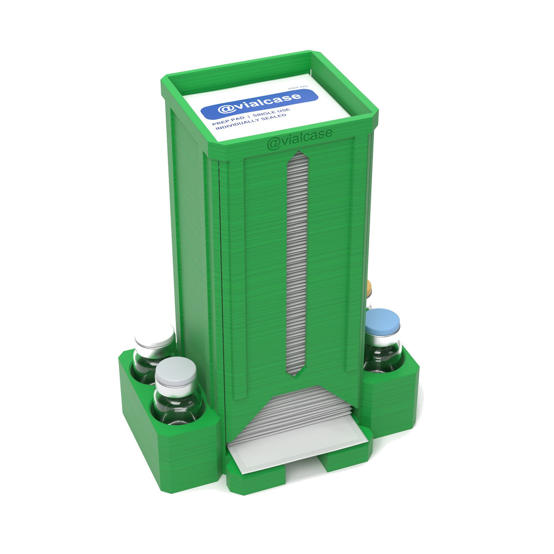 Staged: VialCase Prep Pad Dispenser 100 Pads + 4 × 10mL in Cyber Green - prep pads and vials shown are not included