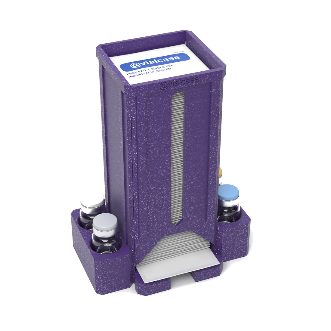 Staged: VialCase Prep Pad Dispenser 100 Pads + 4 × 10mL in Galaxy Purple - prep pads and vials shown are not included