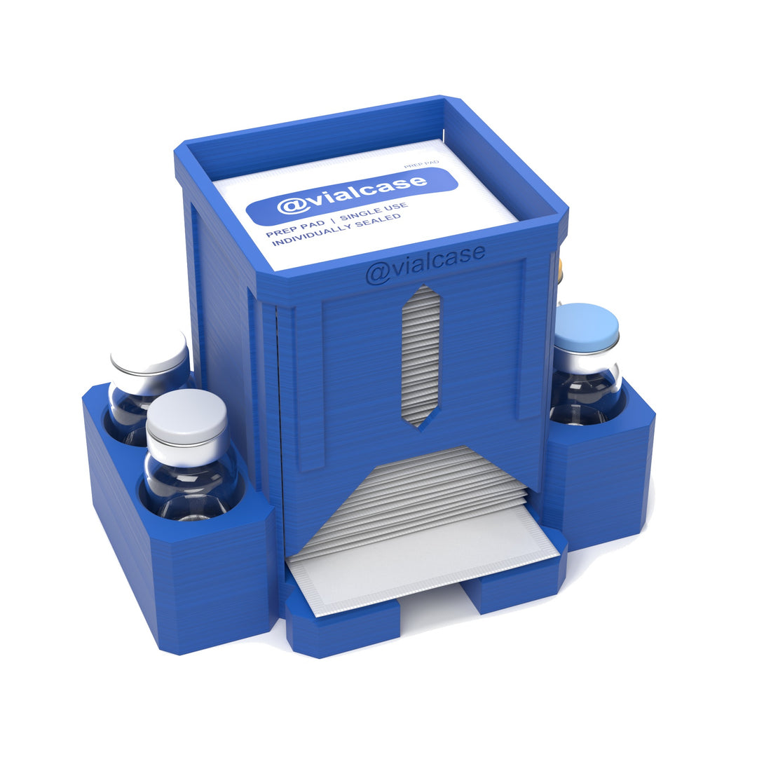 Staged: VialCase Prep Pad Dispenser 50 Pads + 4 × 10mL in Cobalt Blue - prep pads and vials shown are not included