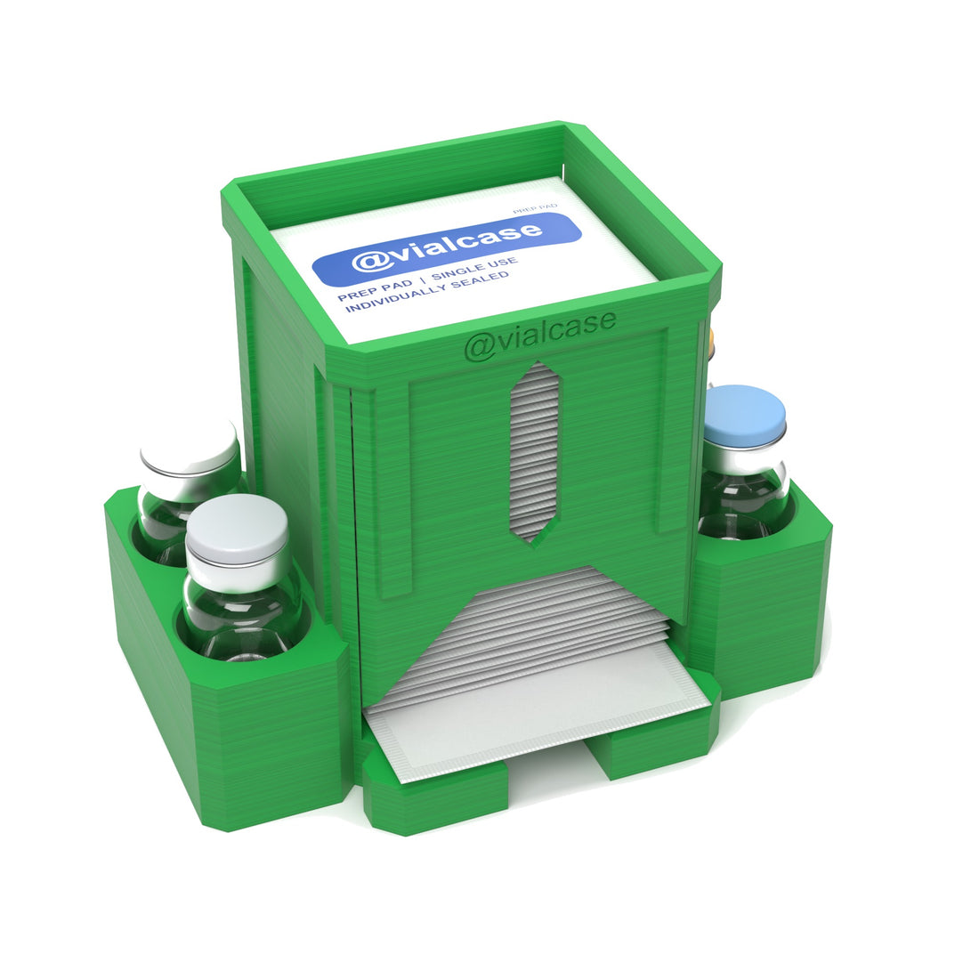 Staged: VialCase Prep Pad Dispenser 50 Pads + 4 × 10mL in Cyber Green - prep pads and vials shown are not included