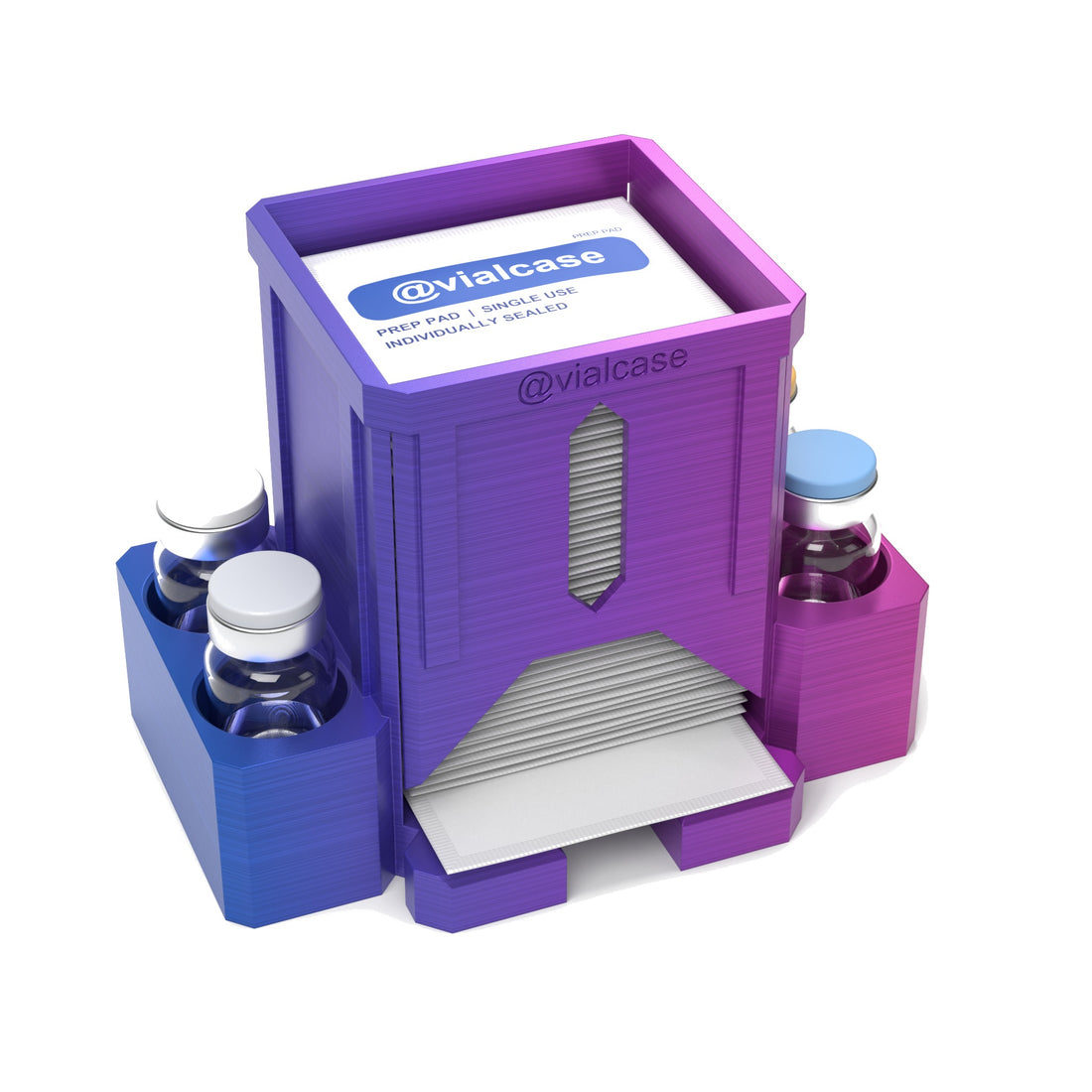 Staged: VialCase Prep Pad Dispenser 50 Pads + 4 × 10mL in RGB Metallic - prep pads and vials shown are not included