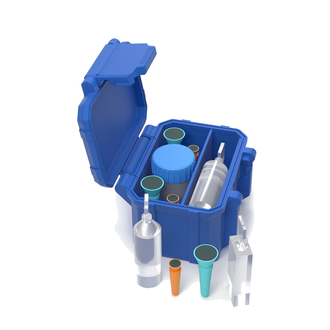 Staged: Scleral Tool Organizer - 1 Pack in Cobalt Blue - lens cup, plungers, saline vials and bottles shown are not included
