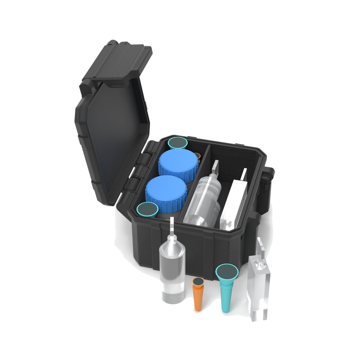 Staged: Scleral Travel Case - Double Cup in Black - lens cup, plungers, saline vials and bottles shown are not included