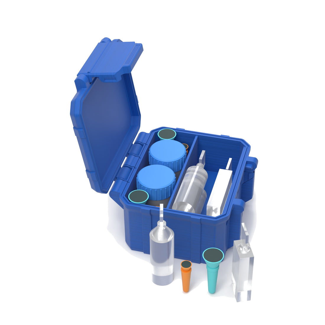 Staged: Scleral Travel Case - Double Cup in Cobalt Blue - lens cup, plungers, saline vials and bottles shown are not included