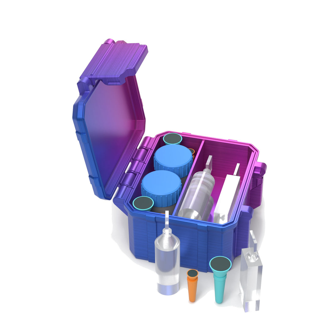 Staged: Scleral Travel Case - Double Cup in RGB Metallic - lens cup, plungers, saline vials and bottles shown are not included