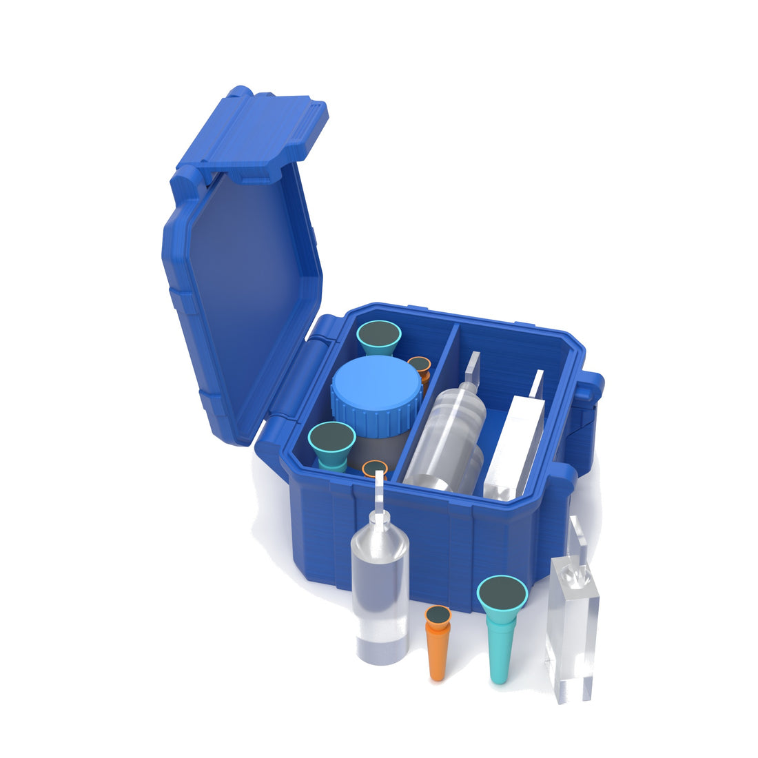 Staged: Scleral Travel Case - Standard in Cobalt Blue - lens cup, plungers, saline vials and bottles shown are not included