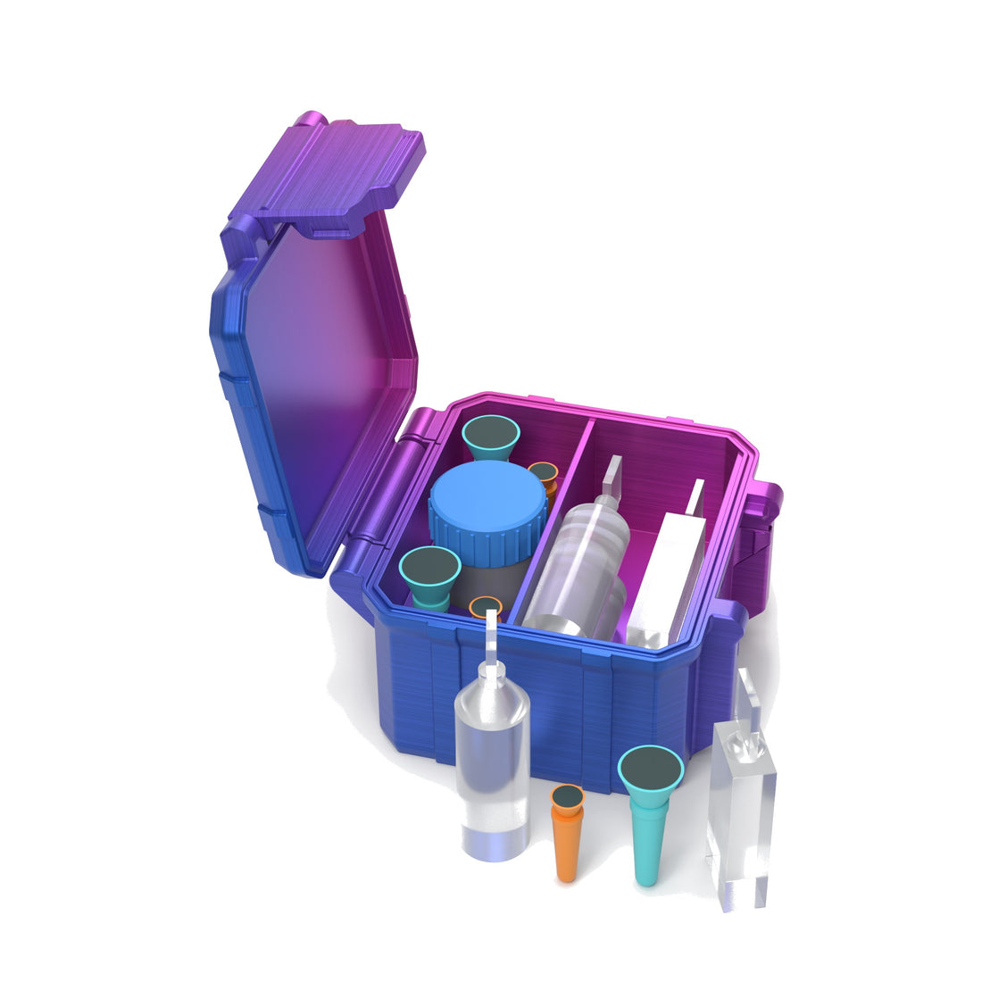 Staged: Scleral Travel Case - Standard in RGB Metallic - lens cup, plungers, saline vials and bottles shown are not included
